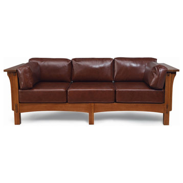 Mission Crofter Style Sofa Solid Quarter Sawn White Oak and Leather Cushions, Chestnut Leather