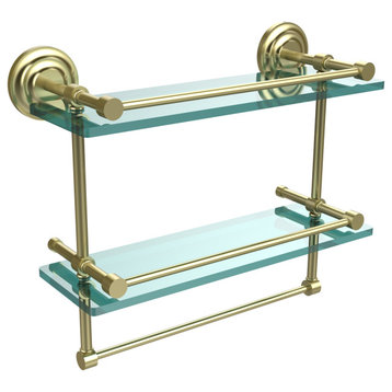 16" Gallery Double Glass Shelf with Towel Bar, Satin Brass