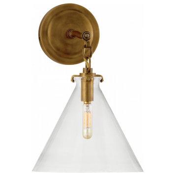 Bathroom Wall Sconce, 1-Light Conical, Hand-Rubbed  Brass, Clear Glass, 14.5"H