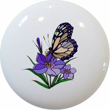 Butterfly Purple Flower Ceramic Knob