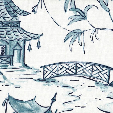 Fabric Sample Pagodas Seaside Oriental Toile Blue Cotton Linen