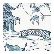 Pinch Pleated Curtain Panels Pair Pagodas Seaside Oriental Toile Blue Cotton, 96