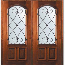 Prehung Double Door 80 Mahogany Charleston Arch Lite Wrought Iron - Front Doors