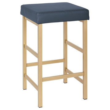 26" Gold Backless Stool in Blue Faux Leather