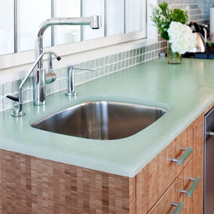 75 Beautiful Light Wood Floor Kitchen With Turquoise Countertops