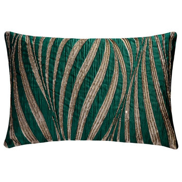 Teal Jacquard Beaded 12"x16" Throw Pillow Cover - Teal N Gold Waves