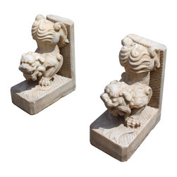 Chinese Pair Distressed Brown White Stone Fengshui Foo Dog Statues cs4258 - Garden Statues And Yard Art