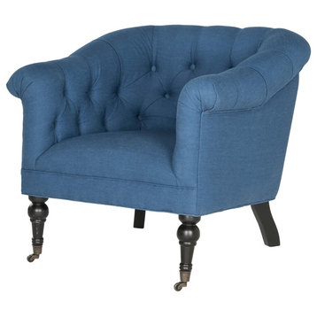 Comfortable Accent Chair, Turned Front Legs With Casters & Tufted Backrest, Blue