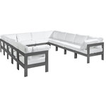Meridian Furniture - Nizuc Water Resistant Patio U-Shaped Modular Sectional, White, 12-Piece: 8 Armless Chair, 4 Corner Chair, Dark Gray Aluminum Frame - Pick and choose your favorites from the Nizuc collection to create a modular seating group the whole gang will enjoy. The sturdy aluminum frame provides dependable support for friends and family as they relax and unwind, and the resilient white water resistant fabric stands up to the elements without losing its beautiful demeanor, so you can count on it lasting for the long haul. Latches beneath these seating pieces help you easily attach them to one another for convenient setup.