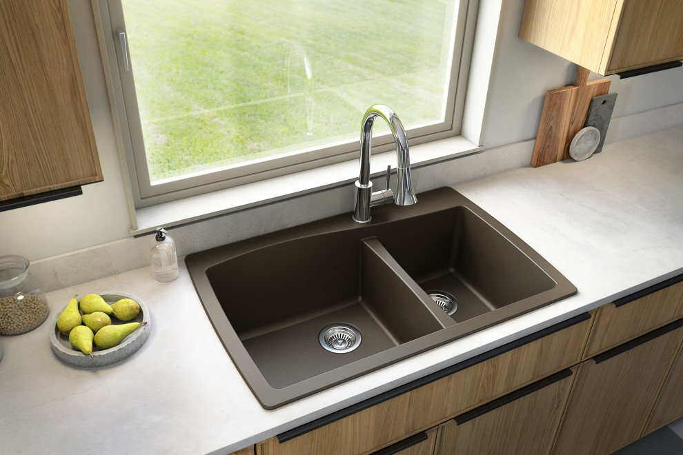 Karran Drop-In Quartz 34" 1-Hole 60/40 Double Bowl Kitchen Sink, Brown