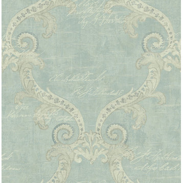Framed Writing Wallpaper in Antique Blue AR32202 from Wallquest