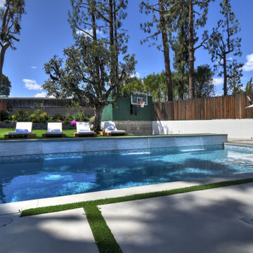 pool waterfalls fire pit and sport court
