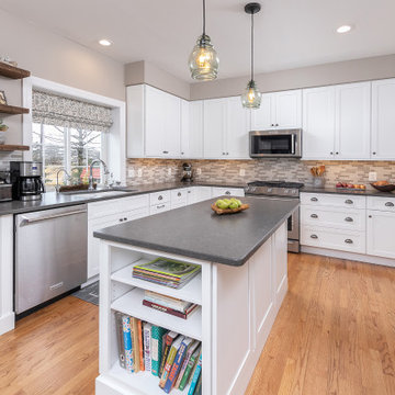 Kitchen with White Shaker Cabinetry (and WIne Rack & open shelving)
