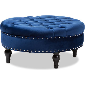 Palfrey Transitional Blue Velvet Fabric Upholster Button Tufted Cocktail Ottoman