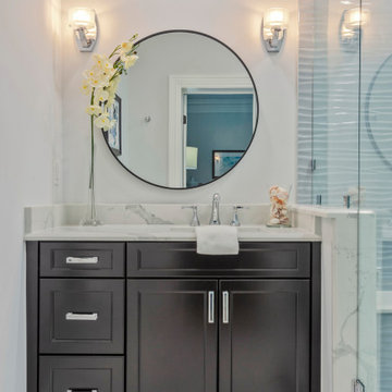 Transitional Bathroom Vanity with Blue Wave Tile Shower