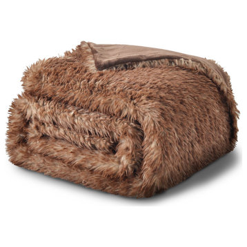 Luxury Faux Fur Throw Blanket, Brown, 88" X 90"