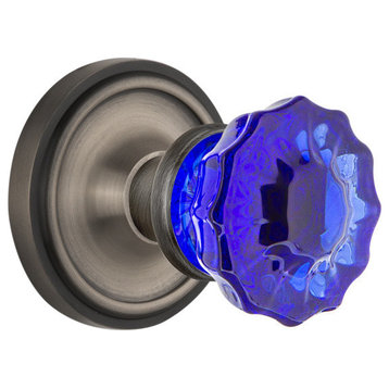 Classic Rosette Privacy Crystal Cobalt Glass Knob, Antique Pewter