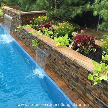 Nicolock Paver Pool Patio with Triple Stone Veneer Waterfalls, Lindenhurst, N.Y.