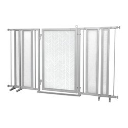Fusion Gates - 65"-71.5" Satin Nickel Fusion Gate with Chevron Trail in White Design - Dog Gates
