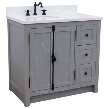 37" Single Vanity, Gray Ash With White Quartz Top, Left Doors/Left Oval Sink