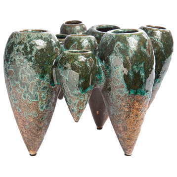 Ceramic Clustered Vase with Banded Spike Bottom Distressed Moss Green Finish