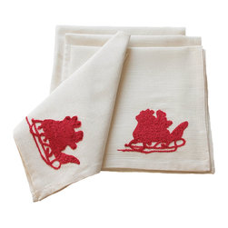 Xia Home Fashions - Santa Crewel Holiday Napkins, 20"x20", Set of 4 - Napkins