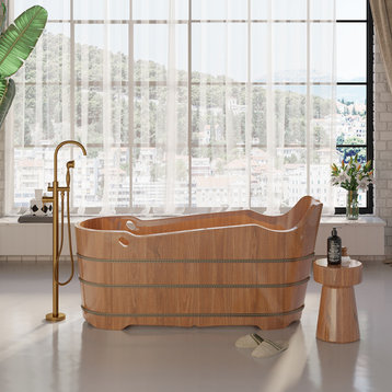 59" Japanese Oak Wood Soaking Bathtub Freestanding Modern Natural Bathtub