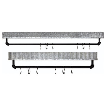 Galvanized Metal Shelves With Bars and 17 Hooks, 2-Piece Set