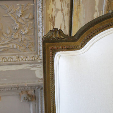 Antique Louis XVI Style Giltwood Bergere Chair in White Linen