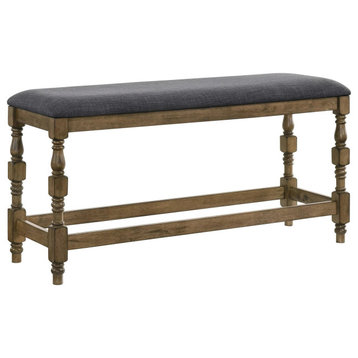 Transitional Dining Bench, Carved Legs With Cushioned Fabric Seat, Antique Oak