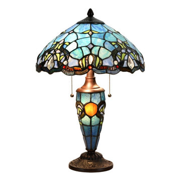 Table Lamp Blue, Victorian Double Lit, Stained Glass, 14"