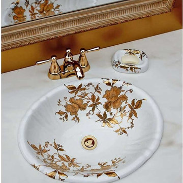 Gold Orchids Painted Sink in Gold Powder Room