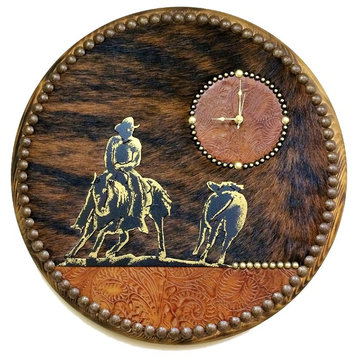 Embossed Leather & Cowhide Clock, 18"