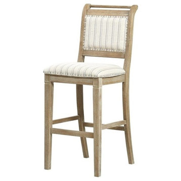 Linon Kendall Wood 30" Bar Stool Striped Upholstery in Rustic Greywash