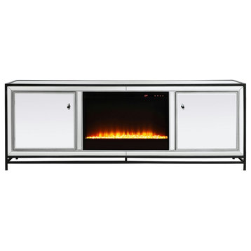 James 72" Mirrored Tv Stand With Crystal Fireplace, Black