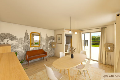 Cette photo montre une petite salle à manger ouverte sur le salon scandinave avec un mur blanc, sol en stratifié et du papier peint.