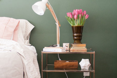 Inspiration for a small eclectic master medium tone wood floor bedroom remodel in Toronto with green walls