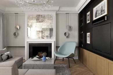 Family room - mid-sized contemporary open concept medium tone wood floor family room idea in Toronto with white walls, a standard fireplace, a stone fireplace and a media wall