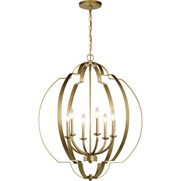 6 light Foyer Chandelier - 32.5 inches tall by 27.75 inches wide-Natural Brass