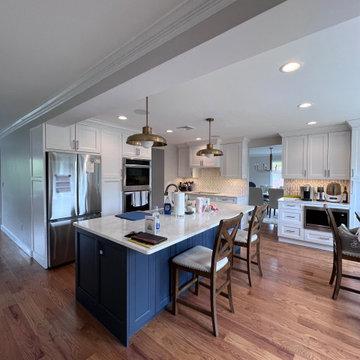 White Kitchen Cabinets with Navy Island
