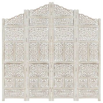 Vidaxl Hand Carved 4-Panel Room Divider White 63"x65" Solid Mango Wood