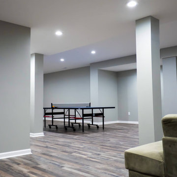 Transitional Basement Family Room With ping pong table