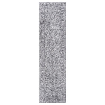 Usak Collection 2' x 8' Gray Oriental Distressed Non-Shedding Area Rug