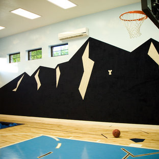 ソルトレイクシティの大きいトランジショナルスタイルのおしゃれな室内コート (マルチカラーの壁、合板フローリング) の写真