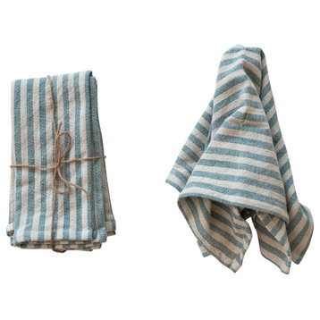 Striped Cotton Napkins With Ruffle, Blue and Natural, Set of 4