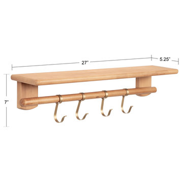 Alta Wall Shelf with Hooks, Natural 27x6x7