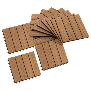 Interlocking Deck Tiles, Pack of 11 Outdoor Flooring, 12"x12", Teak