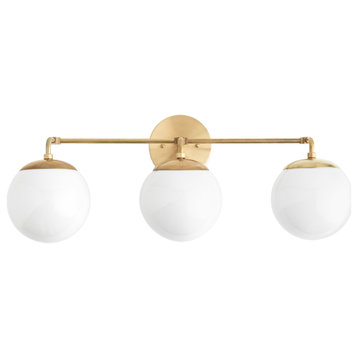 Modern Three Globe Vanity Light Fixture, Raw Brass
