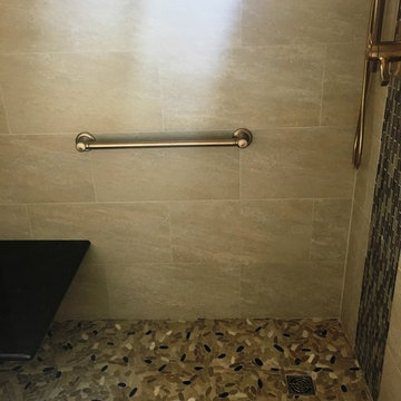 BATHROOM - Contemporary Tub-To-Shower 12 x 24 TanTile and Linear Mosaic Accent