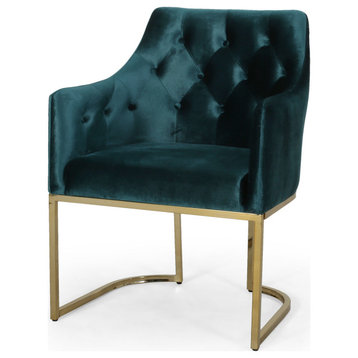Fern Modern Tufted Glam Accent Chair With Velvet Cushions and U-Shaped Base, Teal, Gold